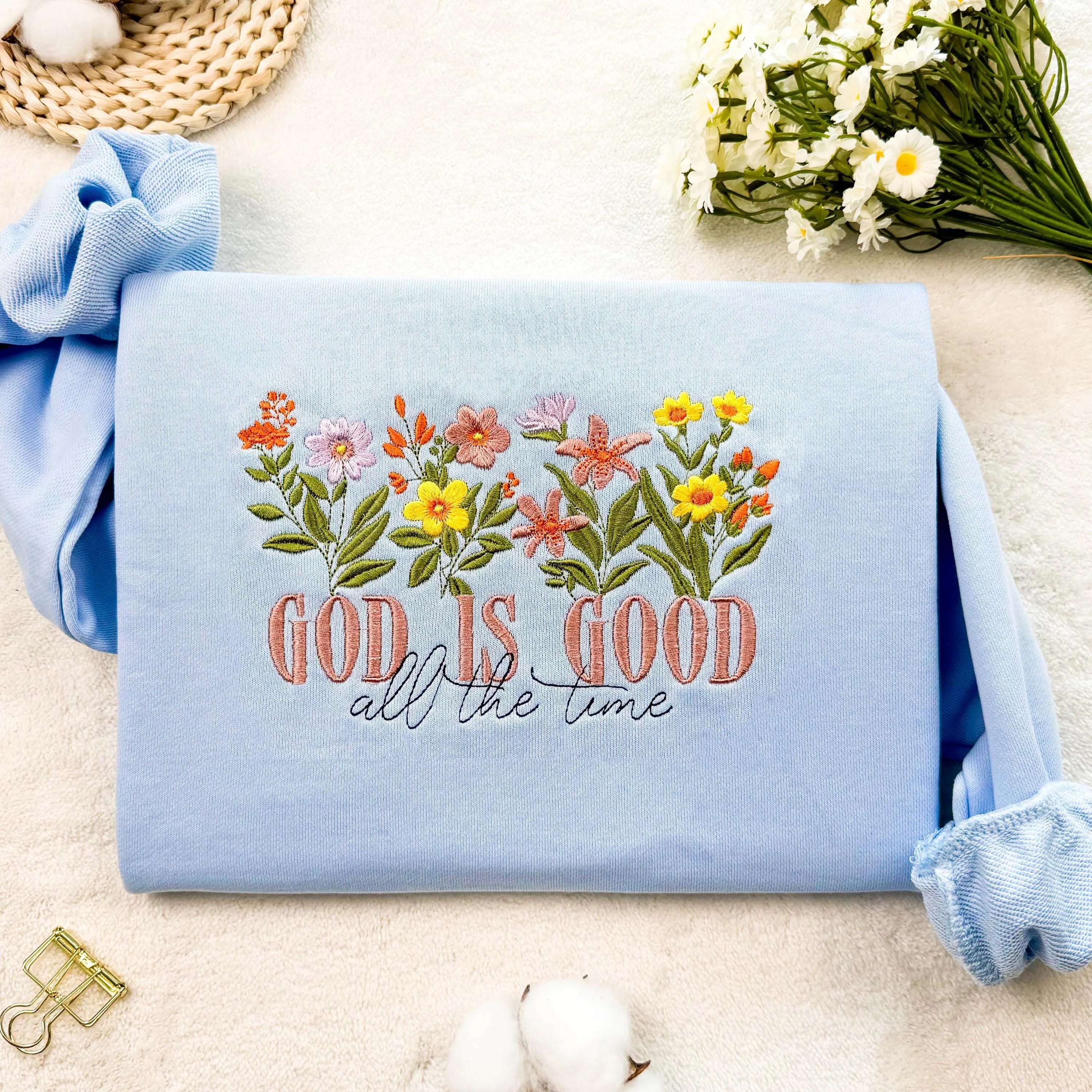 Embroidered God is Good Wildflower Sweatshirt, Botany Embroidered Hoodie, Cottage Core Embroidery T-shirt,Crew Neck Sweatshirt Embroidered God is Good Wildflower Sweatshirt, Botany Embroidered Hoodie, Cottage Core Embroidery T-shirt,Crew Neck Sweatshirt